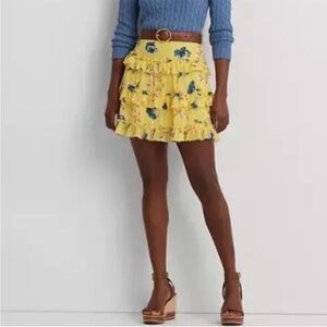 Lauren Ralph Lauren Floral Ruffle Georgette A Line Mini Skirt Yellow Tiered 12